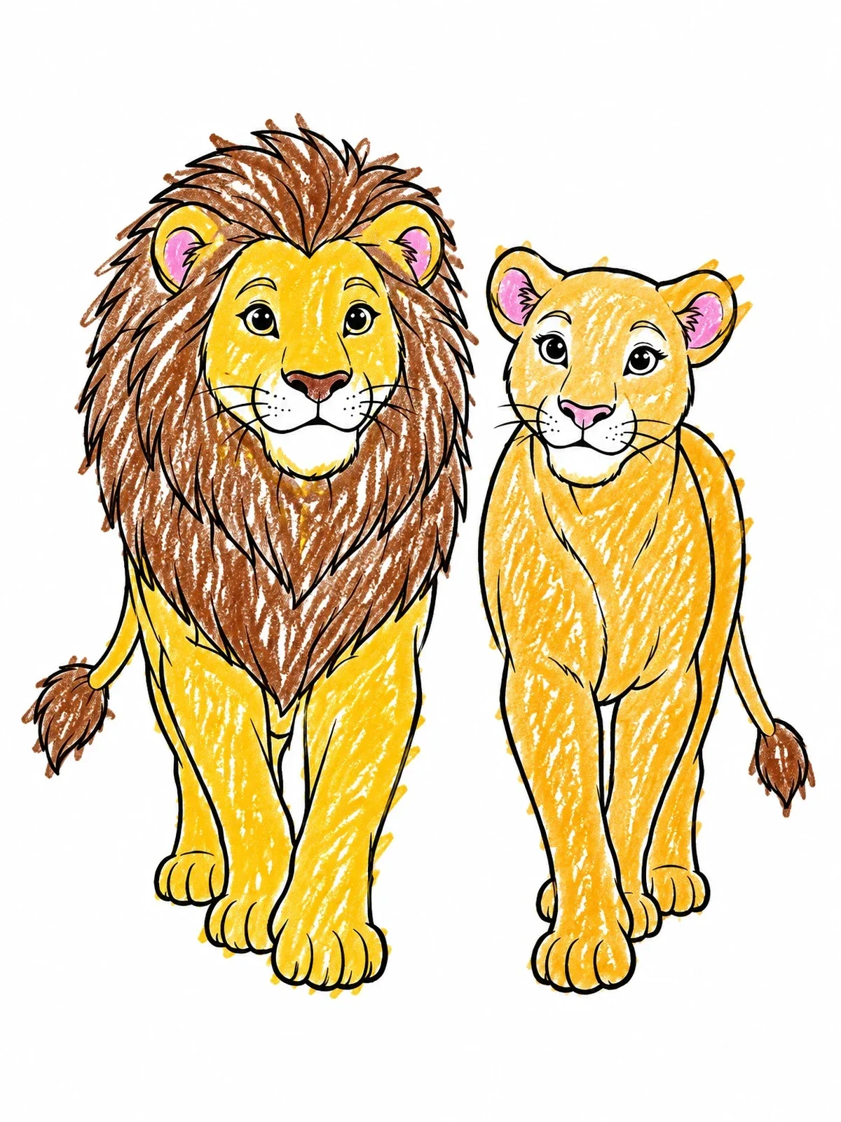 Colored example of the Friendly Lion And Lioness Walking Together coloring page
