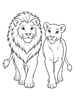 Free printable Friendly Lion And Lioness Walking Together coloring page