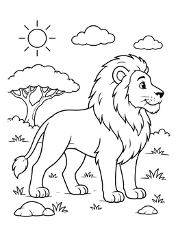 A friendly lion coloring page standing outdoors in the African savanna.