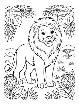 A cheerful lion stands among tropical leaves in this lion coloring page.