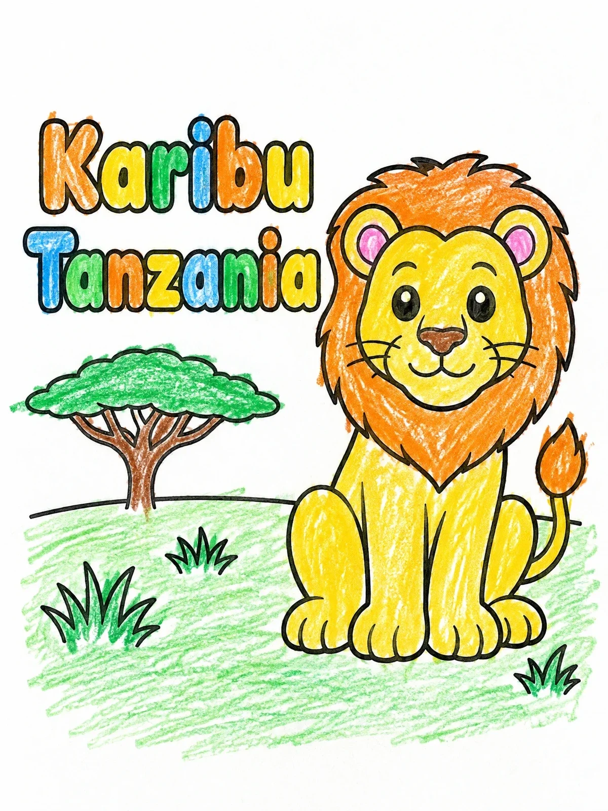 Colored example of the Friendly Lion In The Savanna coloring page