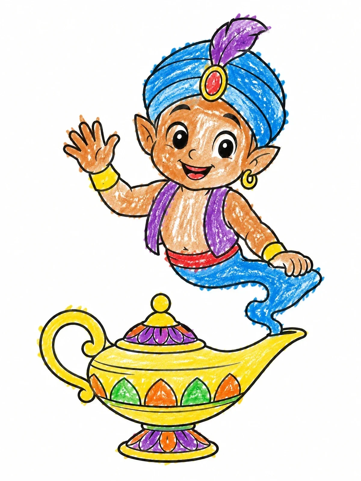 Colored example of the Friendly Little Genie And Magic Lamp coloring page