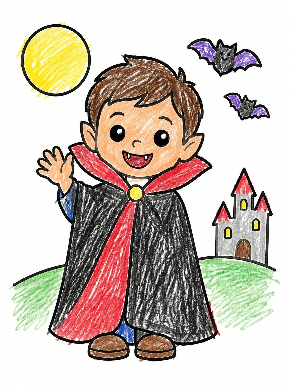 Colored example of the Friendly Little Vampire Waving Hello coloring page