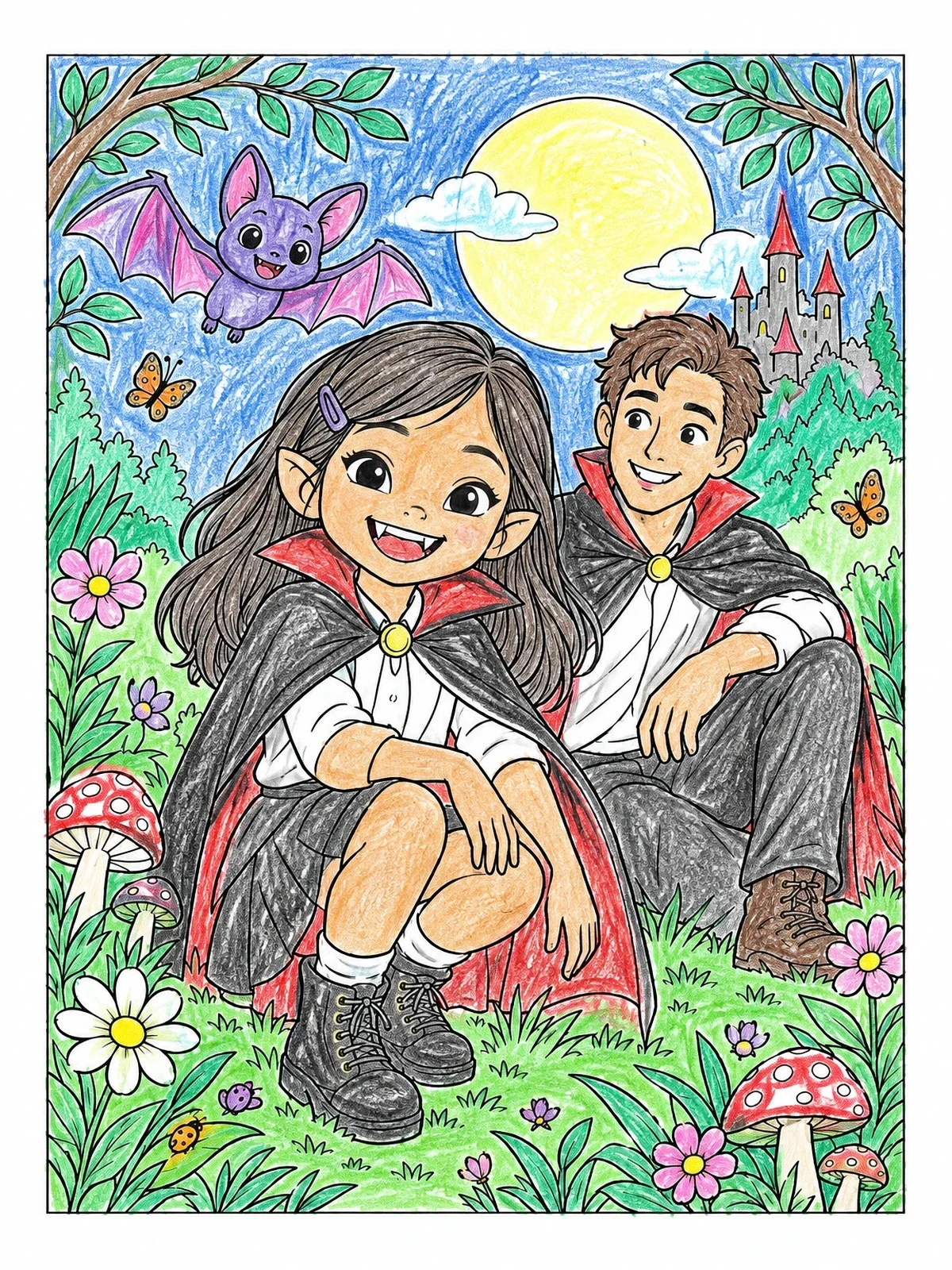 Colored example of the Friendly Little Vampires In The Meadow coloring page