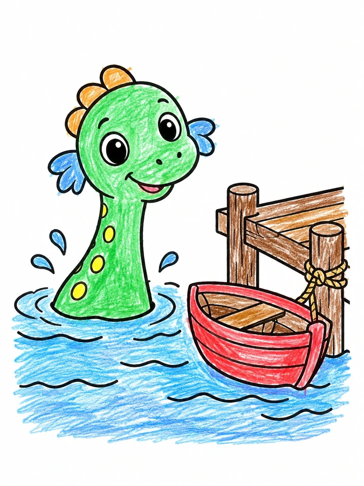 Colored example of the Friendly Loch Ness Monster By The Pier coloring page