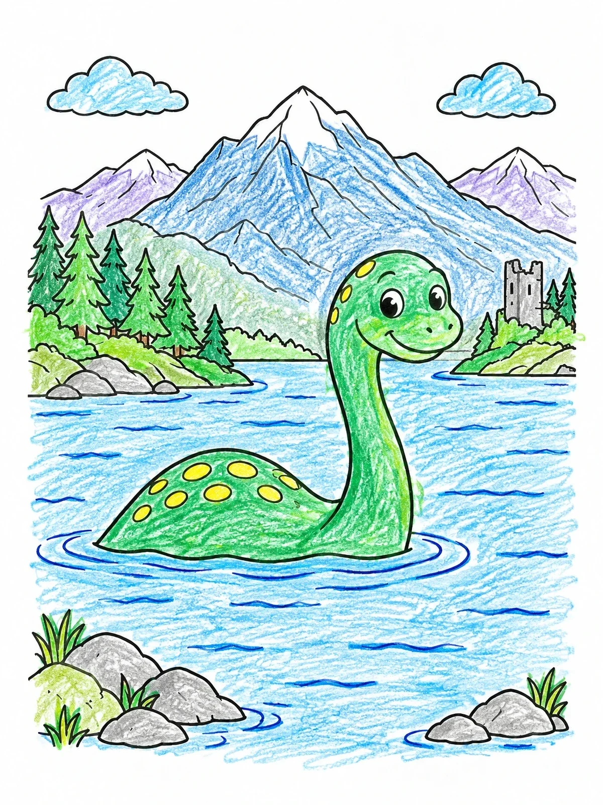 Colored example of the Friendly Loch Ness Monster In The Water coloring page