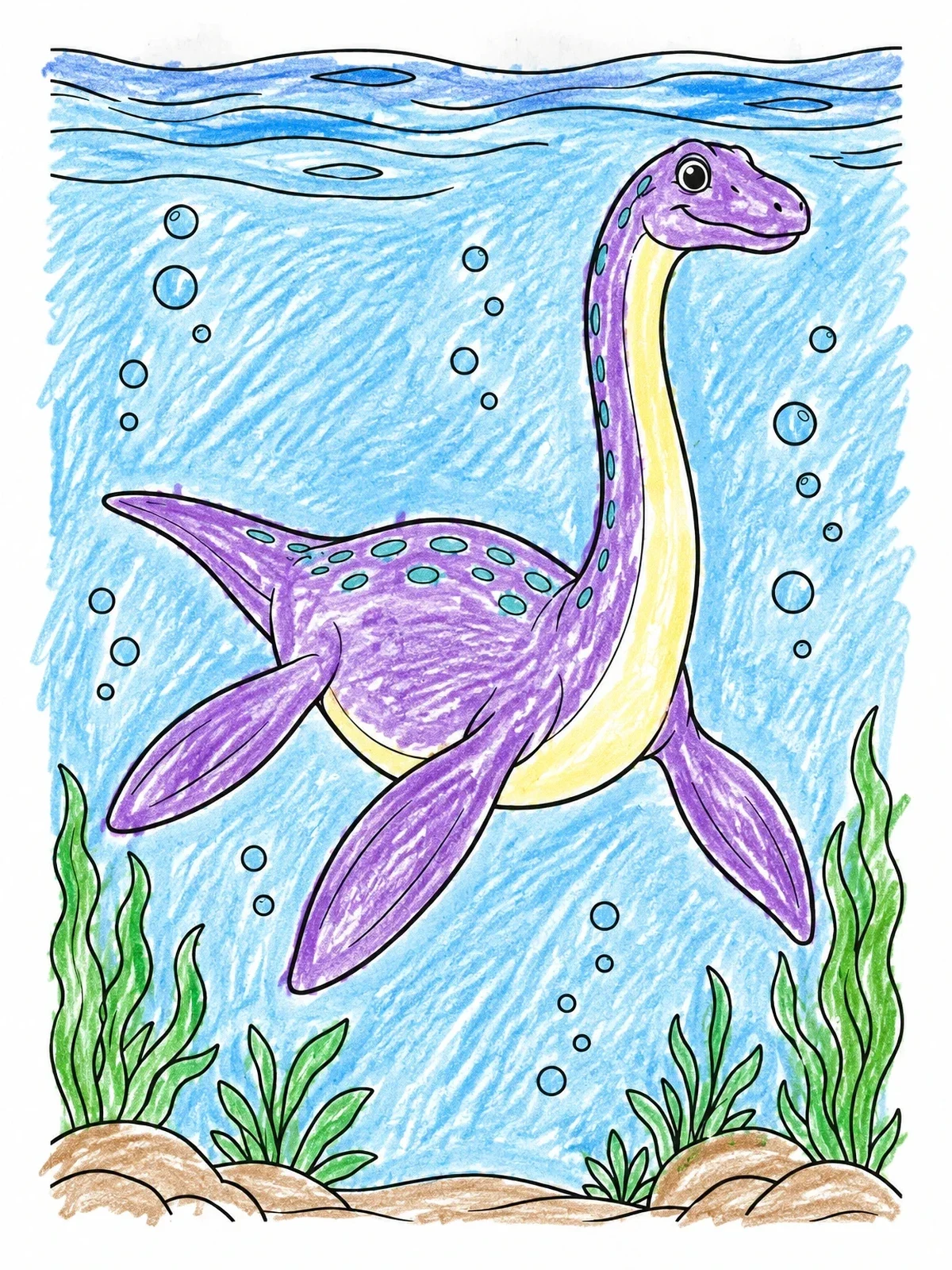 Colored example of the Friendly Loch Ness Monster Swimming Underwater coloring page