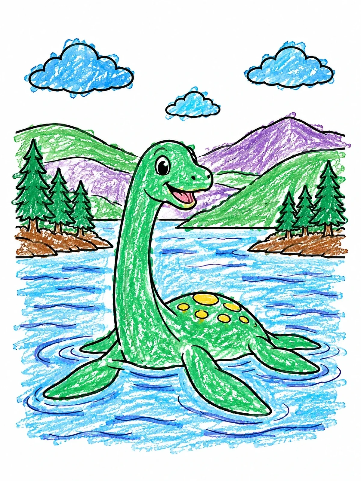 Colored example of the Friendly Loch Ness Monster In The Water coloring page