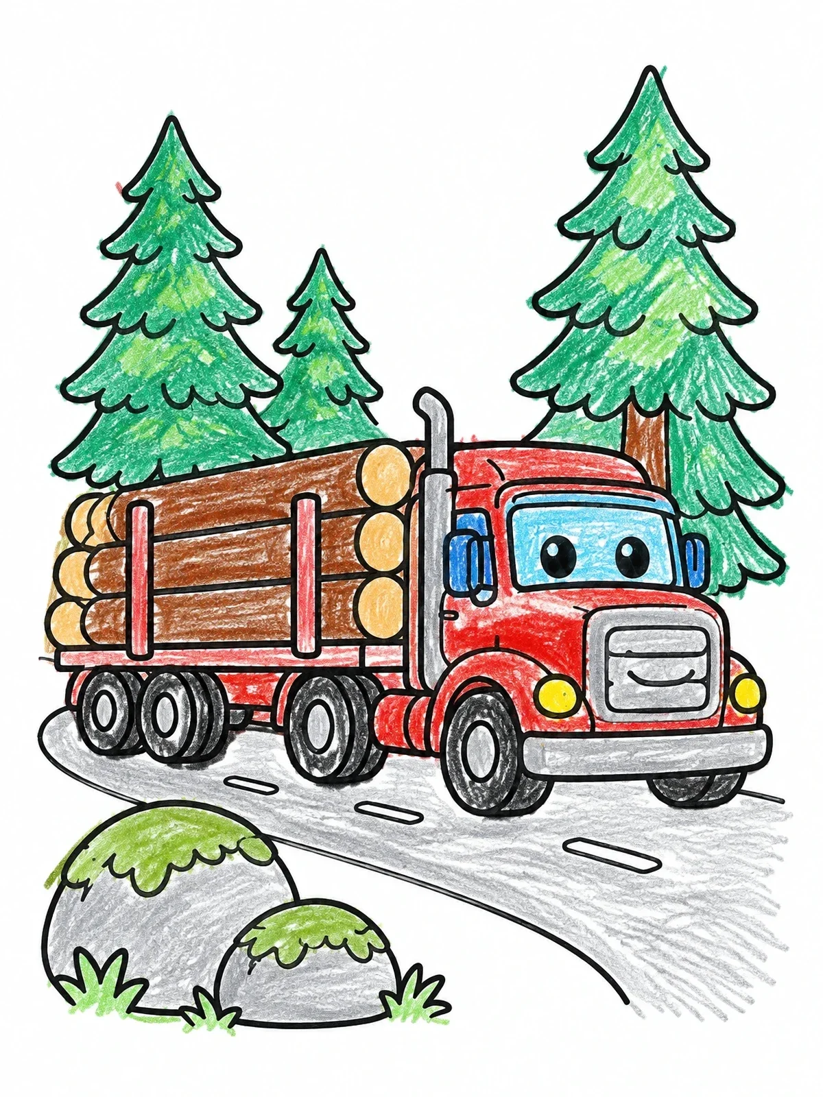 Colored example of the Friendly Log Truck In The Forest coloring page