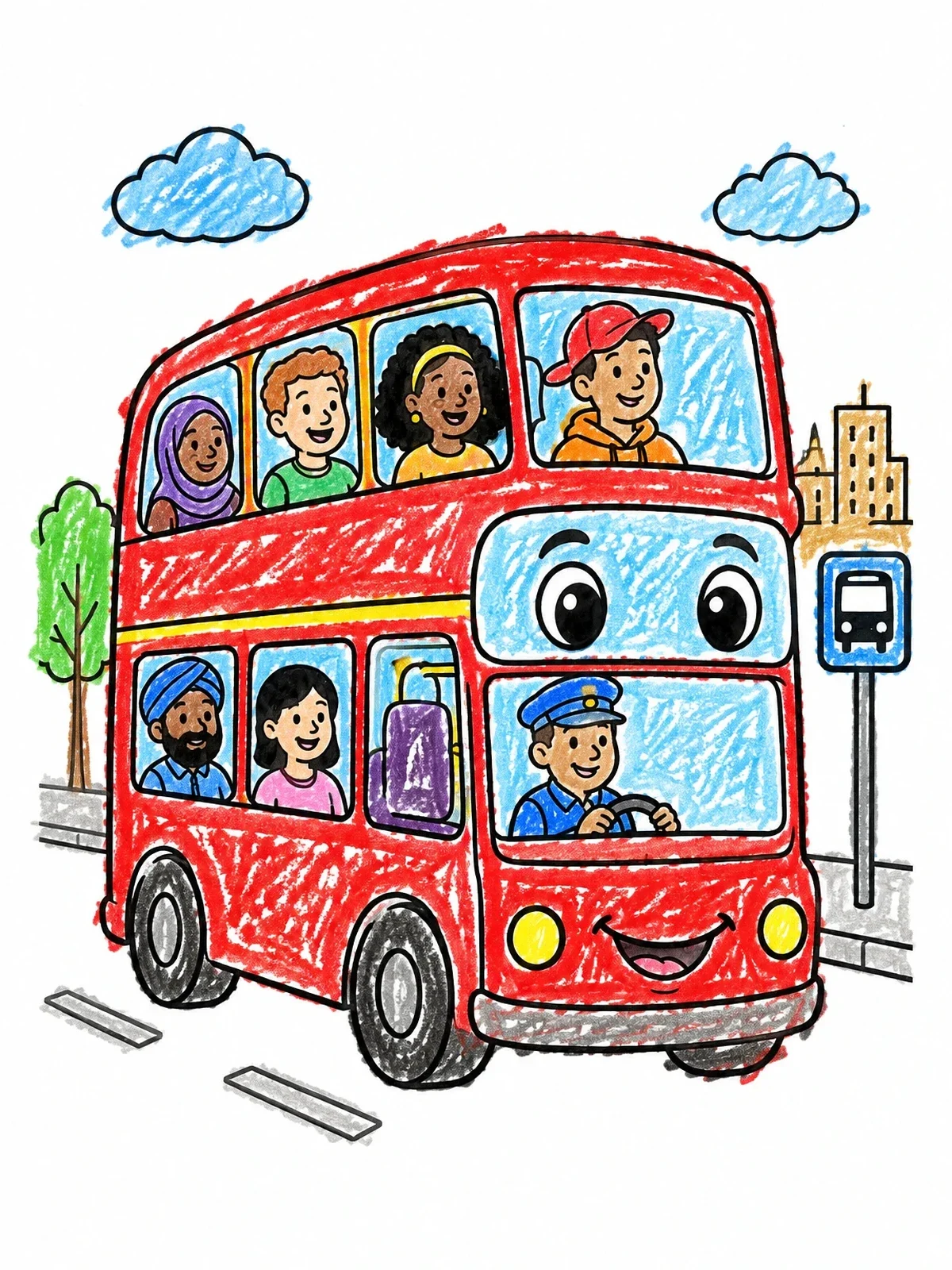 Colored example of the Friendly London Double Decker Bus coloring page