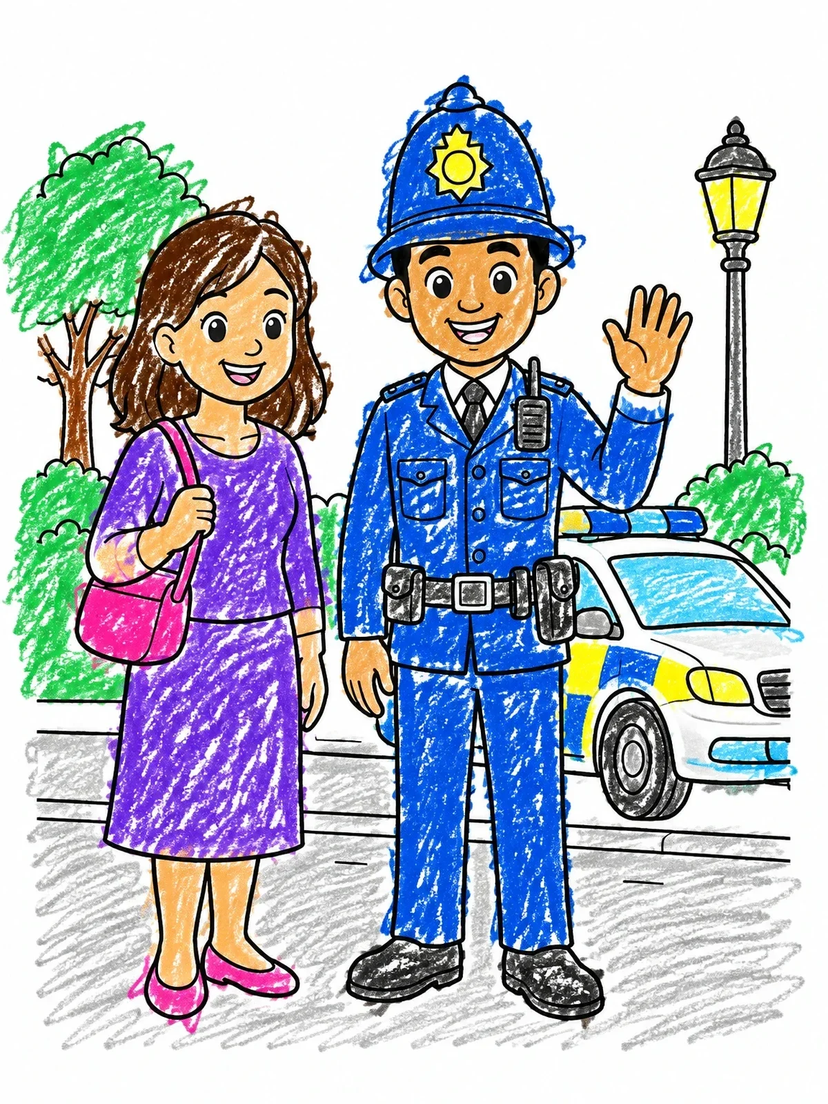 Colored example of the Friendly London Police Officer Waving coloring page