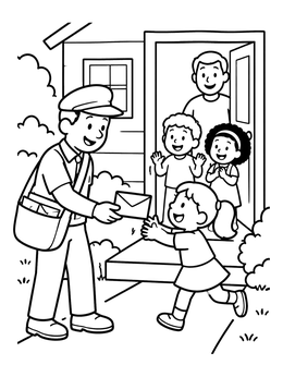 A cheerful postman coloring page showing a mail carrier handing a letter to a happy girl at the front door.