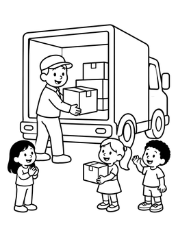 A friendly mail man coloring page showing a delivery driver handing packages to happy children.