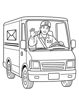 A cheerful driver waves from his truck in this mail man coloring page.