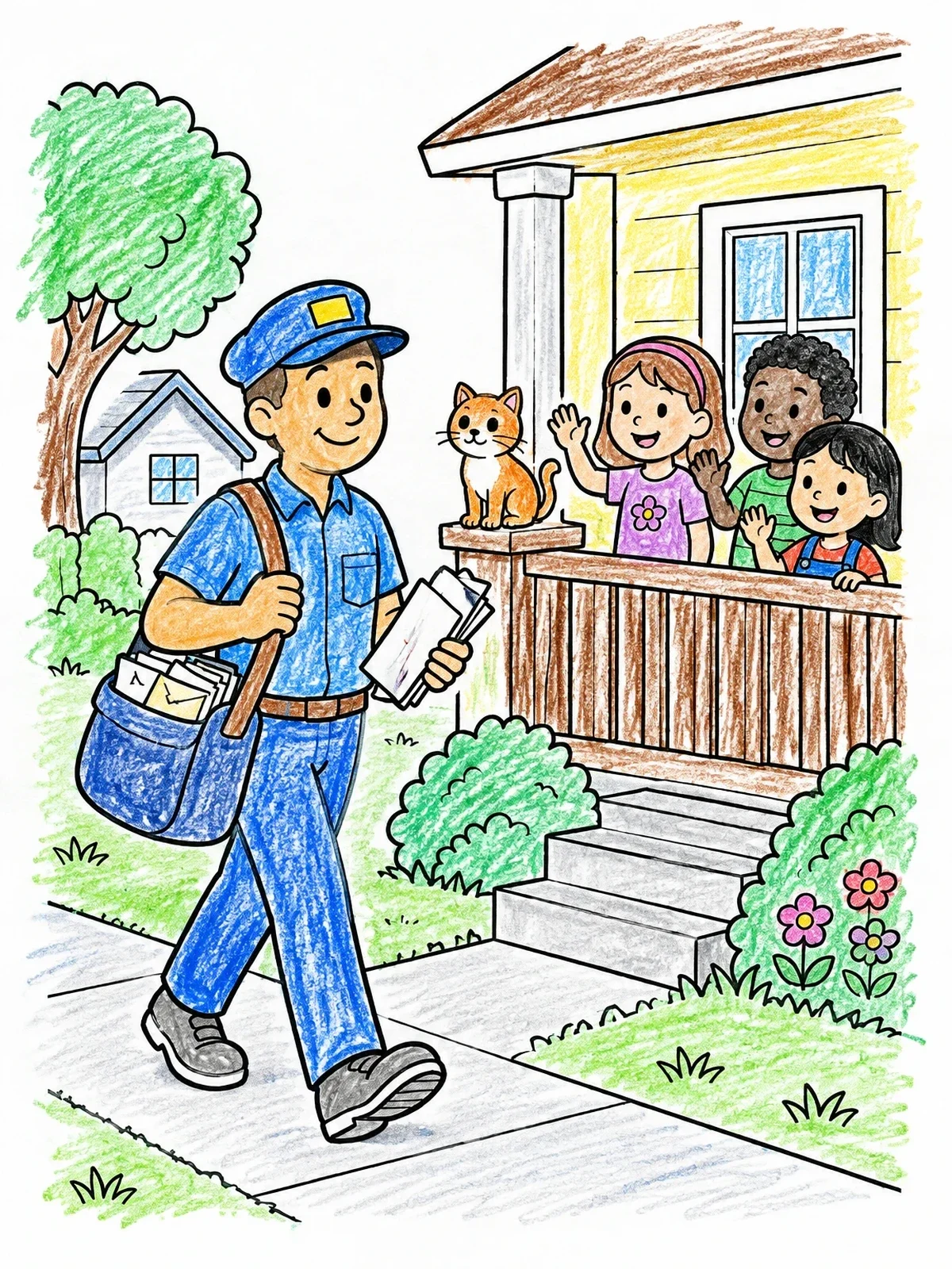Colored example of the Friendly Mail Carrier On Neighborhood Delivery Route coloring page