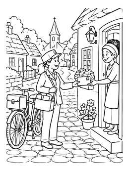 Free printable Friendly Mail Carrier In The Village coloring page