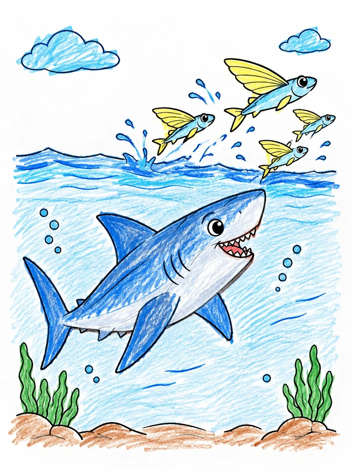 Colored example of the Friendly Mako Shark And Flying Fish coloring page