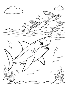 Free printable Friendly Mako Shark And Flying Fish coloring page
