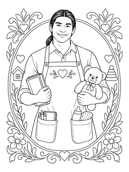 A friendly male nanny coloring page holding a teddy bear and book inside an ornate floral frame.