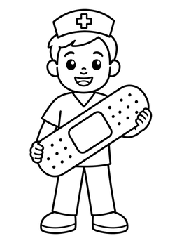 Free printable Smiling Male Nurse With Giant Bandage coloring page