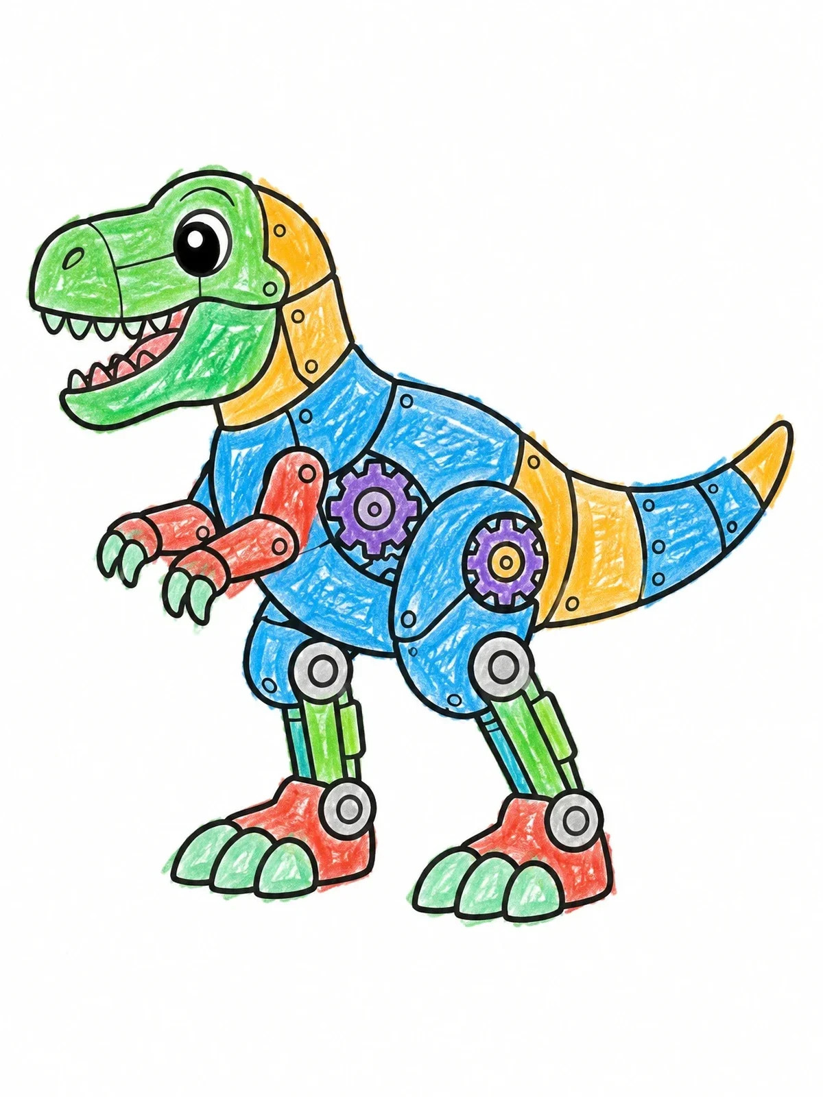 Colored example of the Friendly Mechanical Robot Dinosaur coloring page