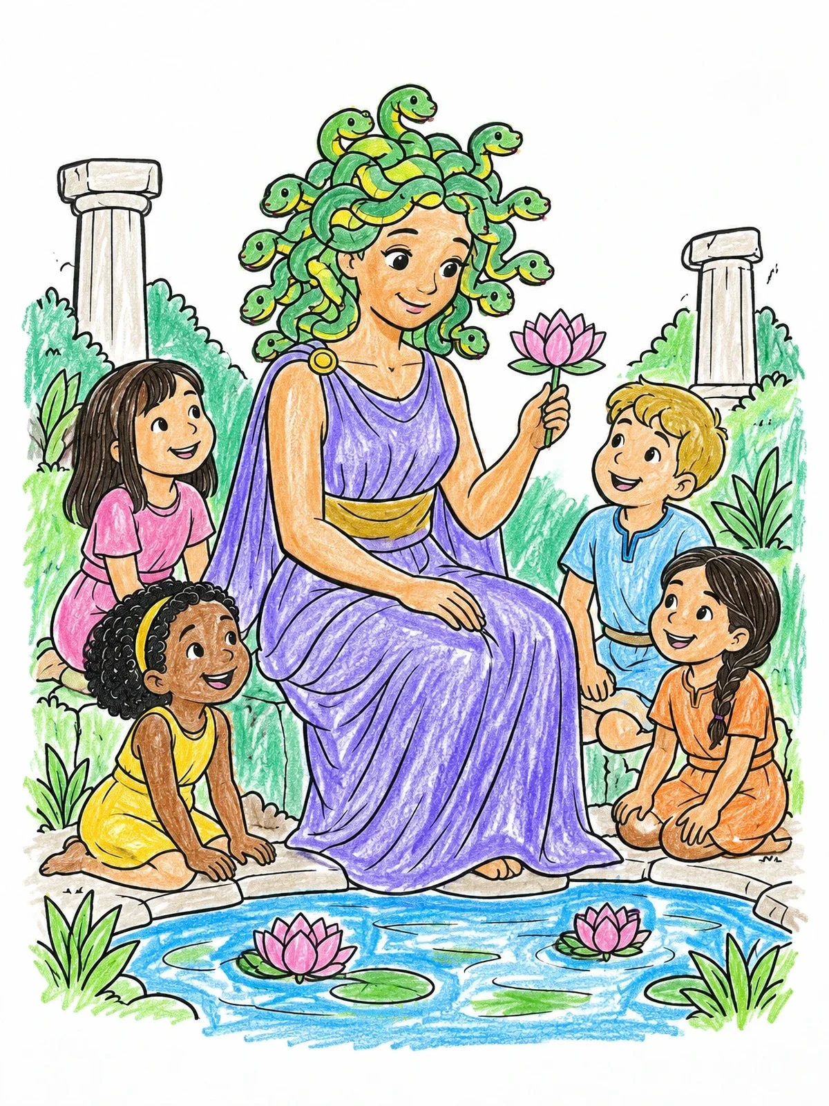 Colored example of the Friendly Medusa With Children By The Pool coloring page