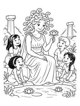 Free printable Friendly Medusa With Children By The Pool coloring page