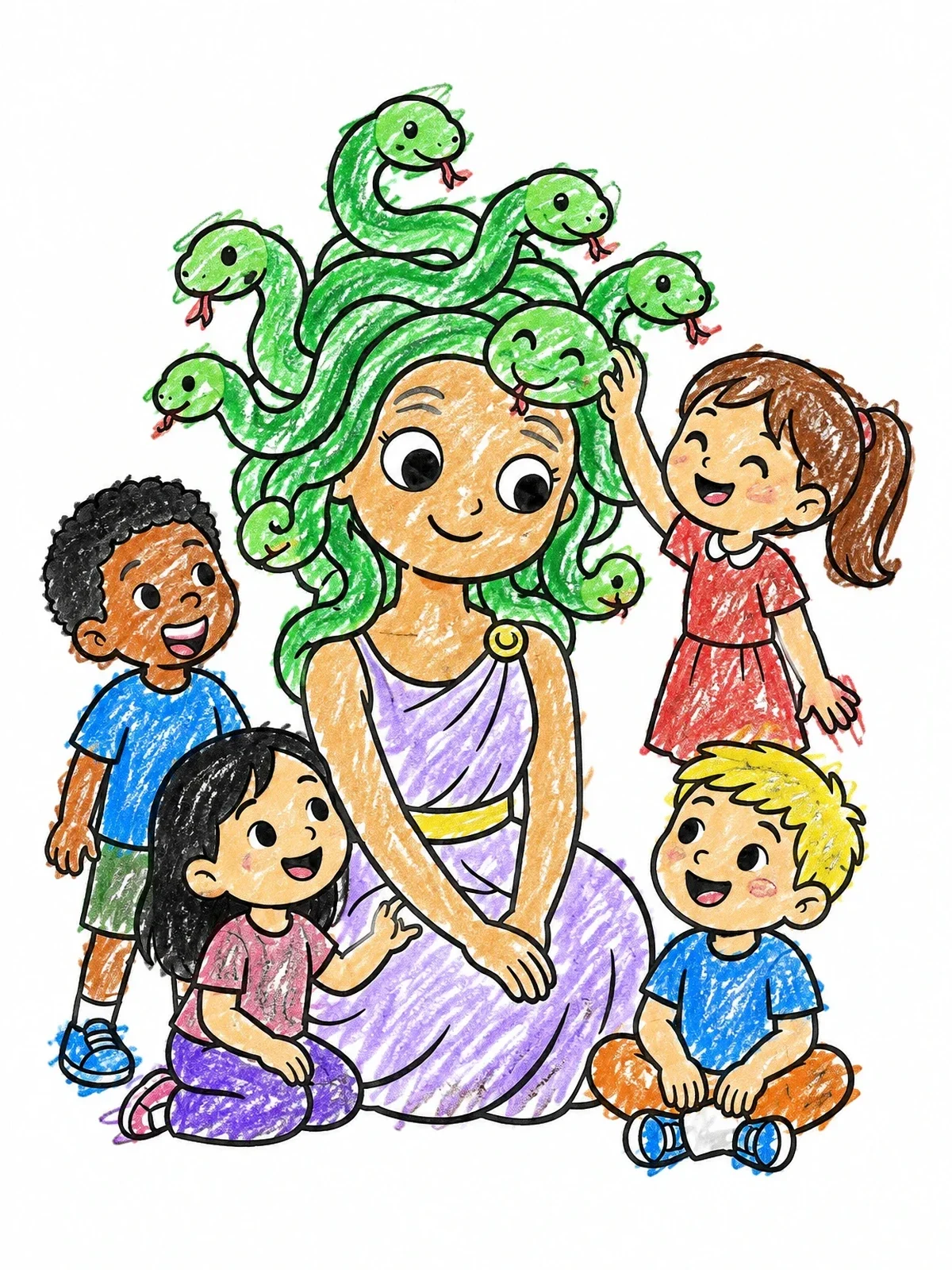 Colored example of the Friendly Medusa Surrounded By Cheerful Children coloring page