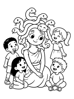 Free printable Friendly Medusa Surrounded By Cheerful Children coloring page