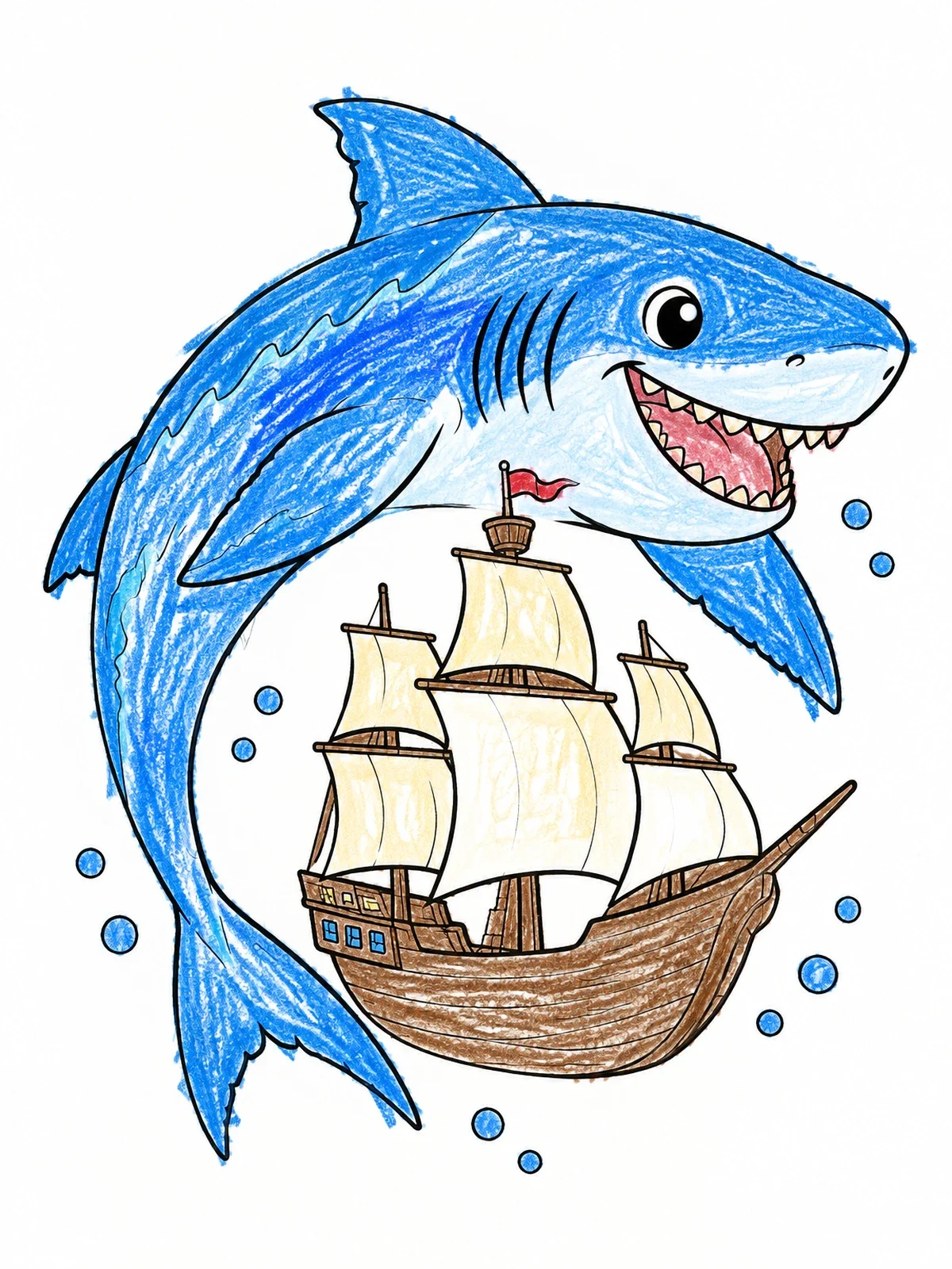 Colored example of the Friendly Megalodon Swimming Around Sailing Ship coloring page