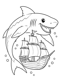 Free printable Friendly Megalodon Swimming Around Sailing Ship coloring page