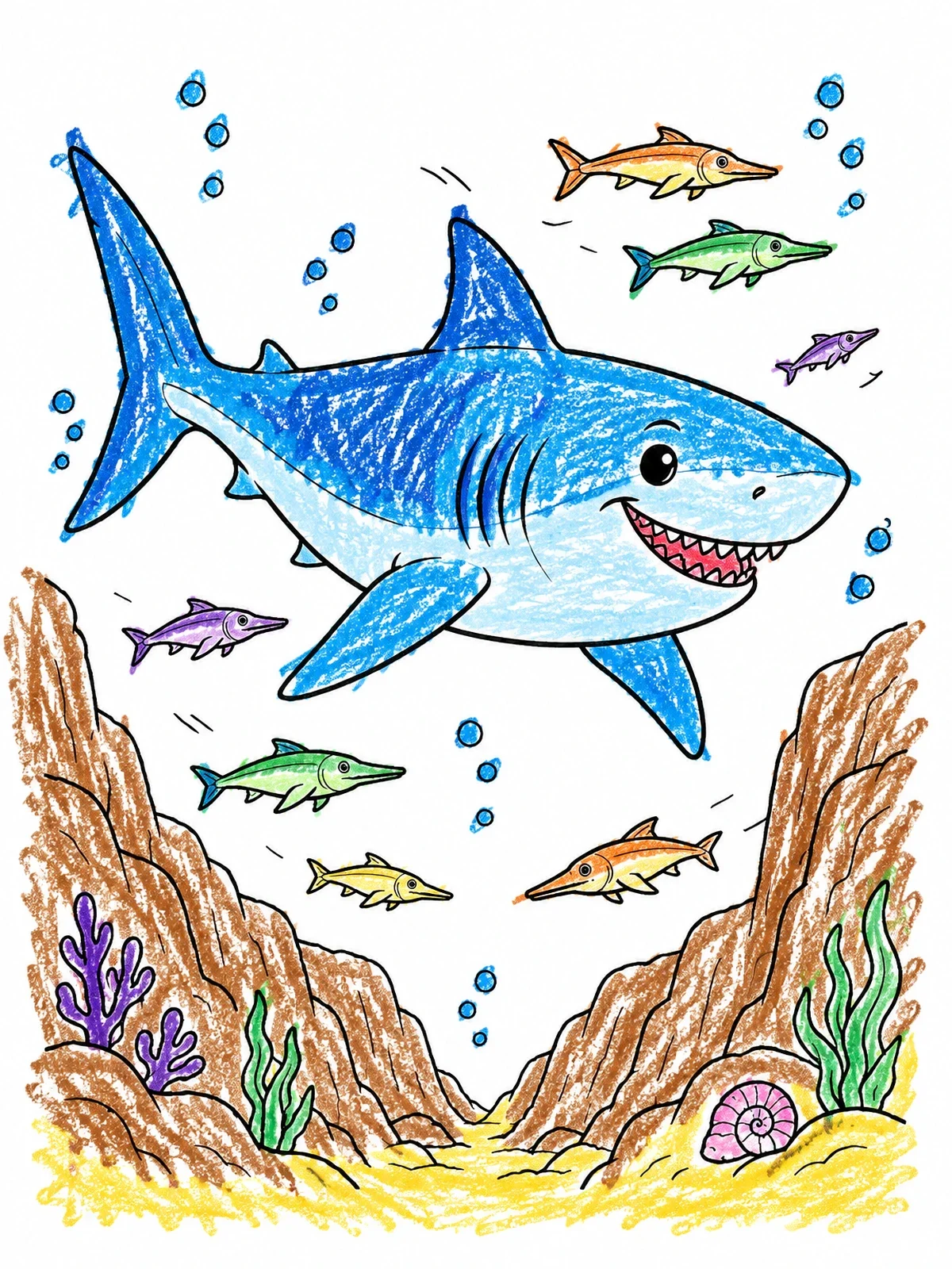 Colored example of the Friendly Megalodon Swimming With Prehistoric Fish coloring page