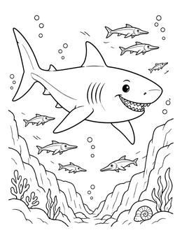Free printable Friendly Megalodon Swimming With Prehistoric Fish coloring page