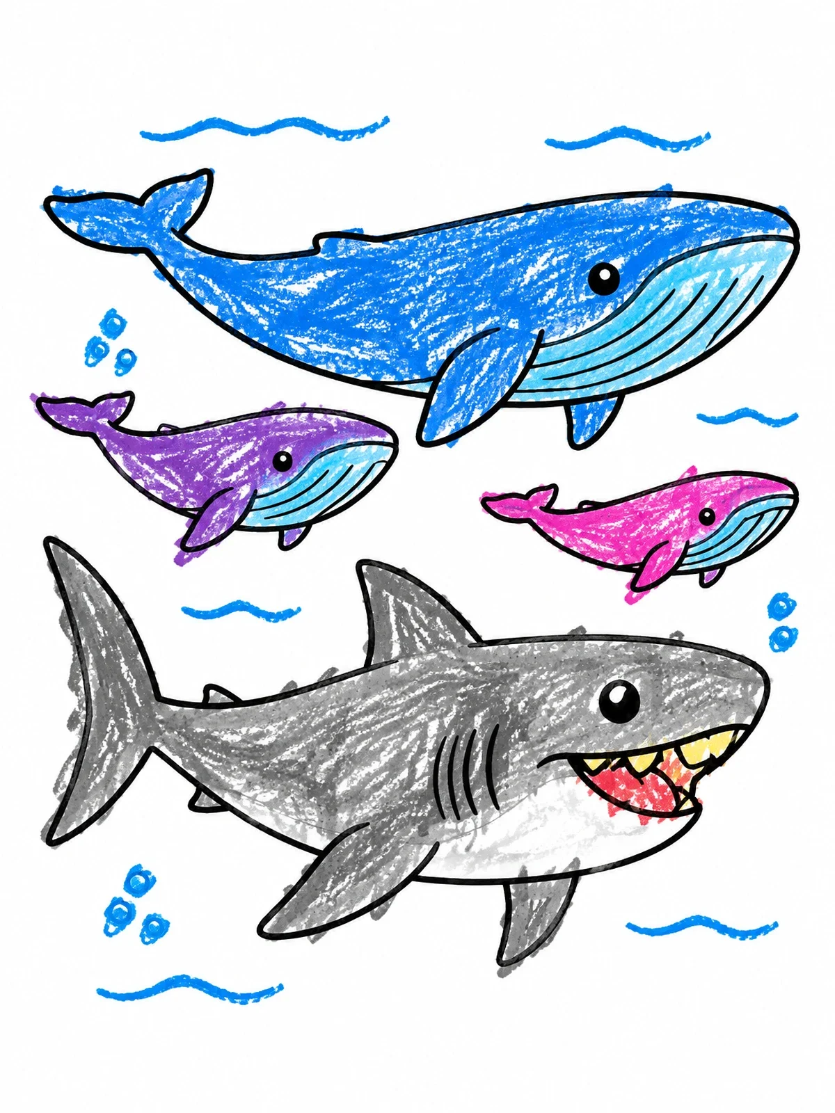 Colored example of the Friendly Megalodon Swimming With Whales coloring page
