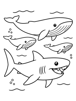 Free printable Friendly Megalodon Swimming With Whales coloring page