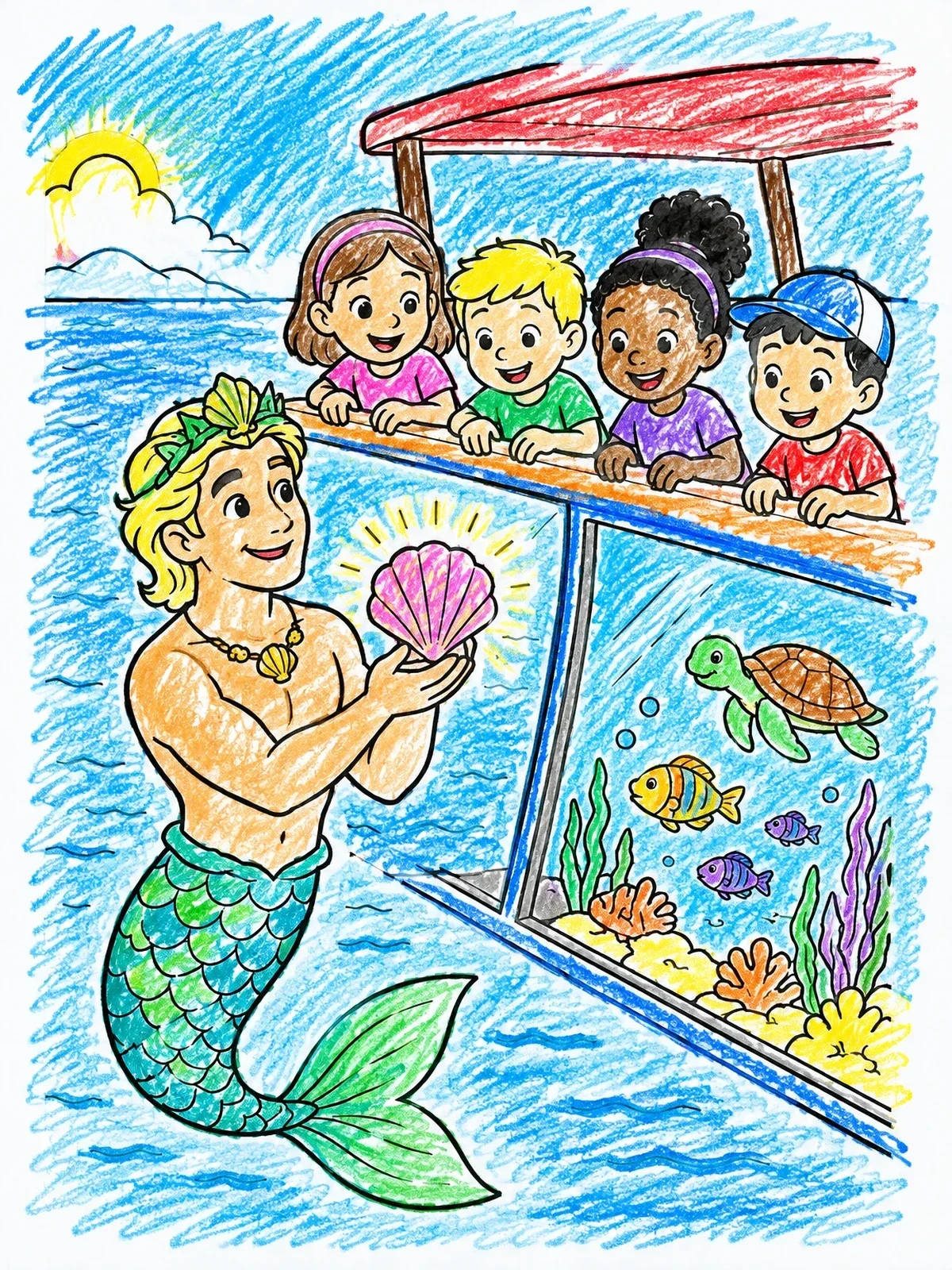 Colored example of the Friendly Merman Greeting Kids On A Boat coloring page
