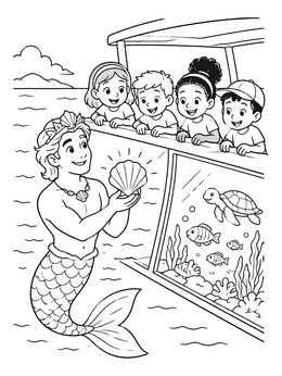 Free printable Friendly Merman Greeting Kids On A Boat coloring page
