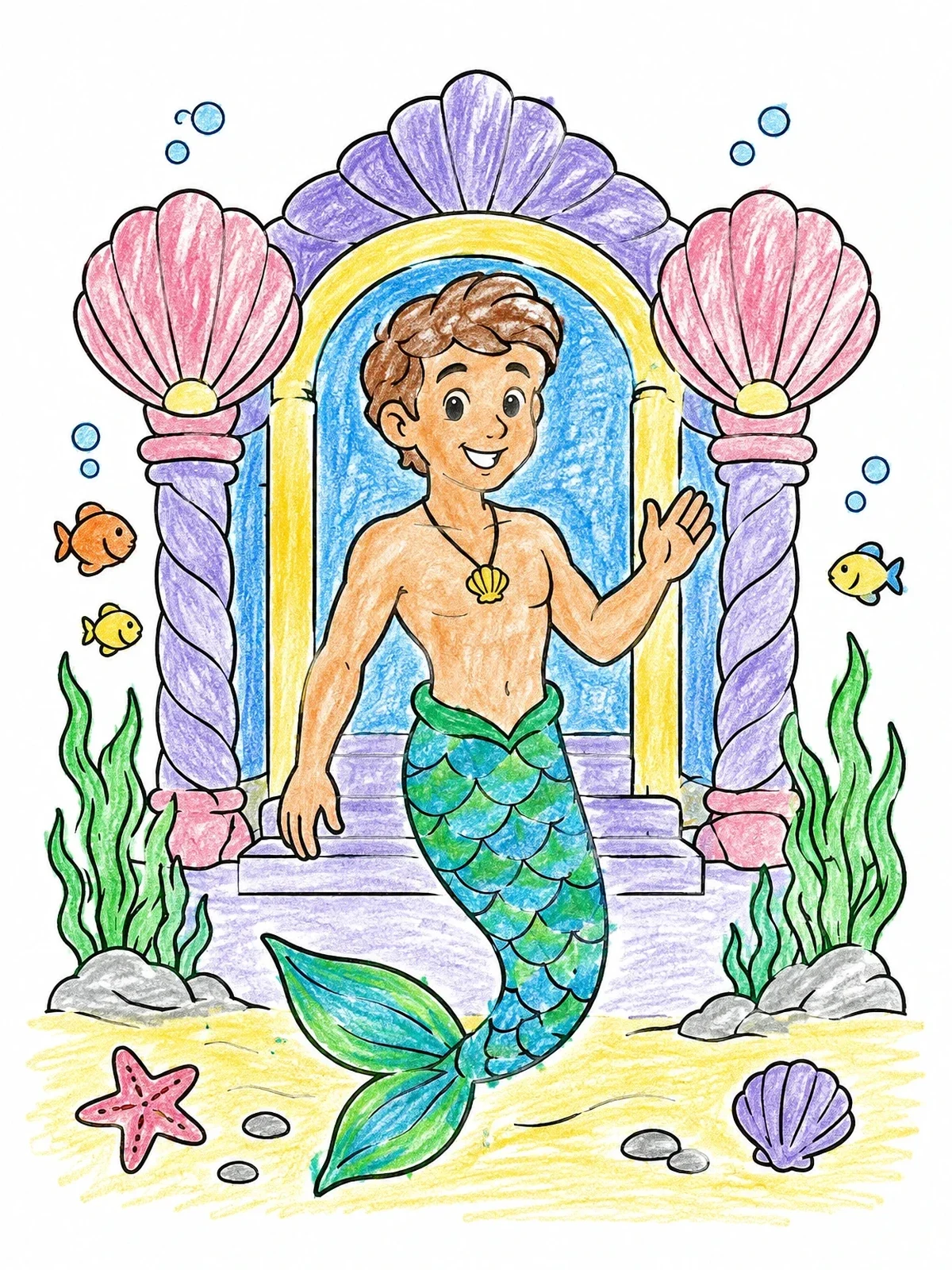 Colored example of the Friendly Merman At Underwater Palace coloring page