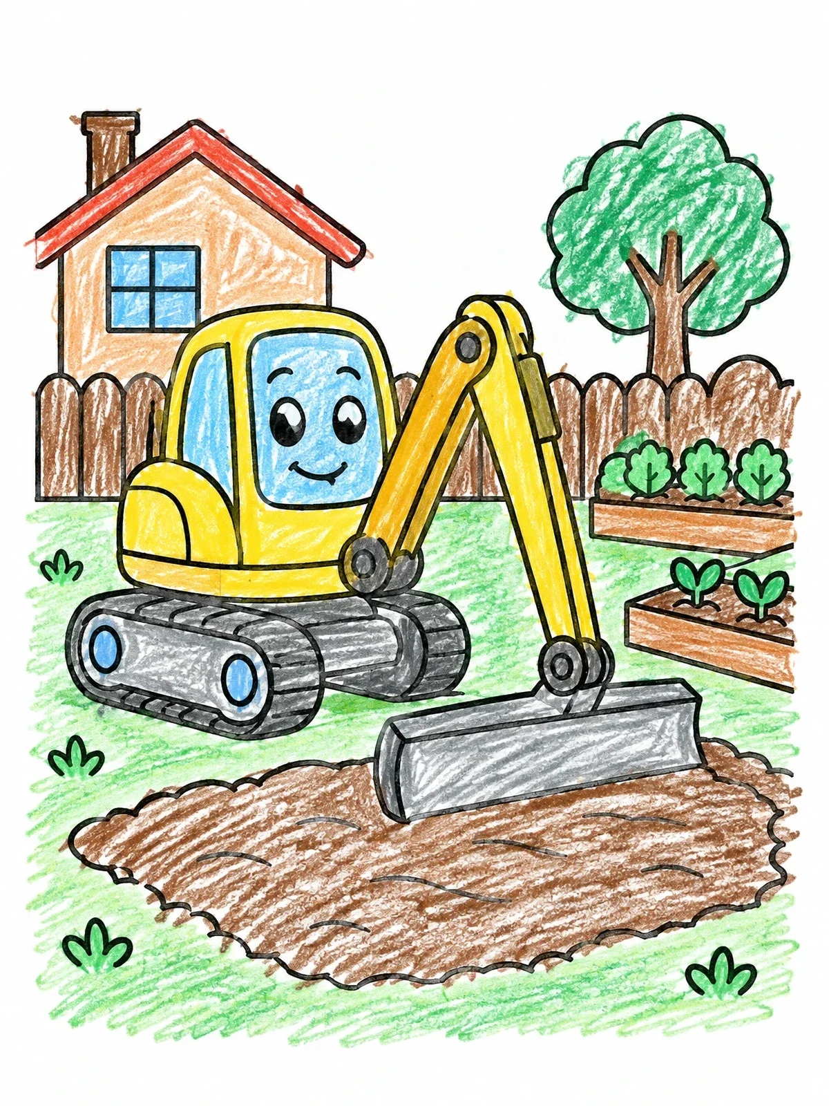 Colored example of the Friendly Mini Excavator In The Garden coloring page