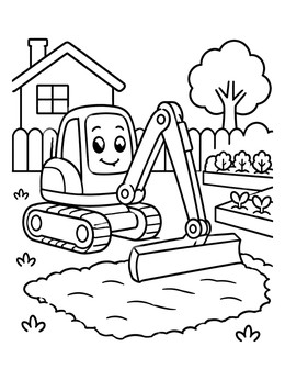 Free printable Friendly Mini Excavator In The Garden coloring page