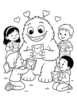 Free printable Friendly Monster And Children Valentine Cards coloring page
