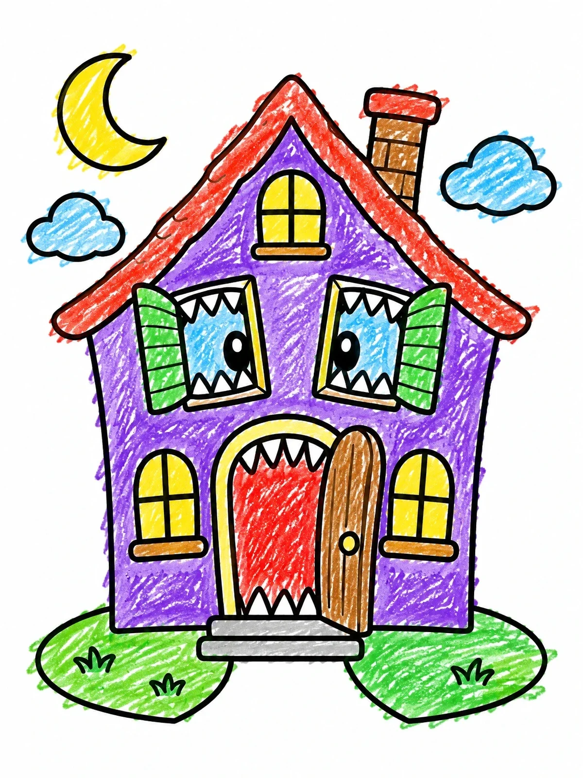 Colored example of the Friendly Monster House coloring page