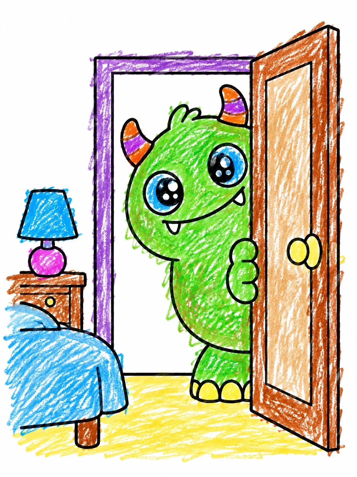 Colored example of the Friendly Monster Peeking Through Door coloring page