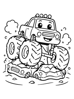 Free printable Friendly Monster Truck Crushing Cars coloring page