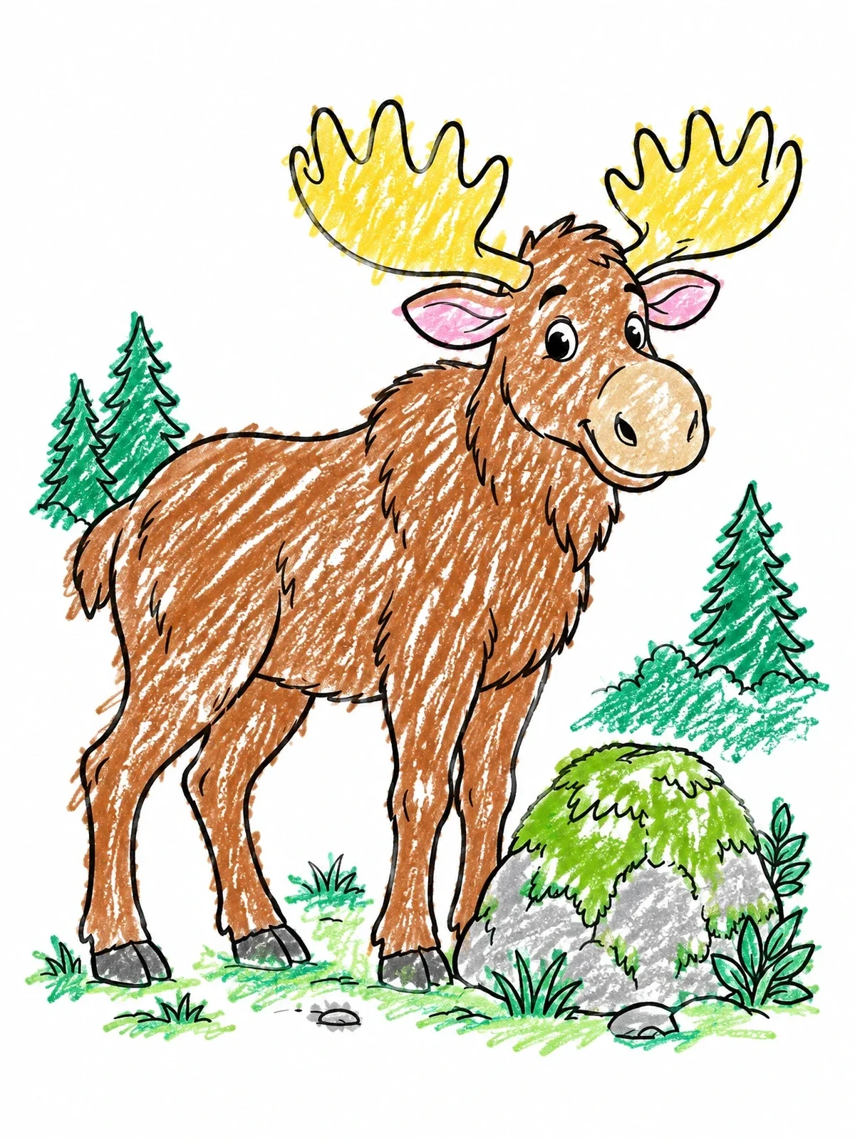 Colored example of the Friendly Moose Beside A Forest Rock coloring page