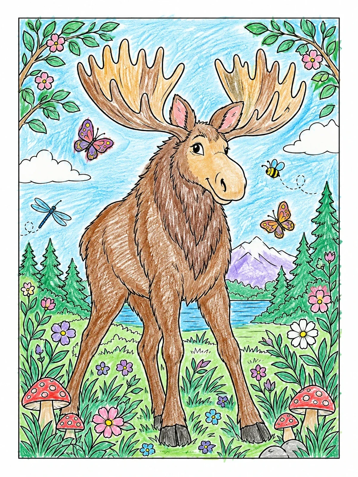 Colored example of the Friendly Moose In Forest Meadow coloring page