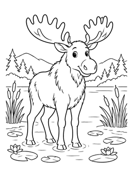 Free printable Friendly Moose In A Lake coloring page