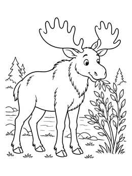 Free printable Friendly Moose Munching Leaves coloring page