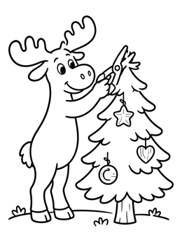 Free printable Friendly Moose Trimming Christmas Tree coloring page