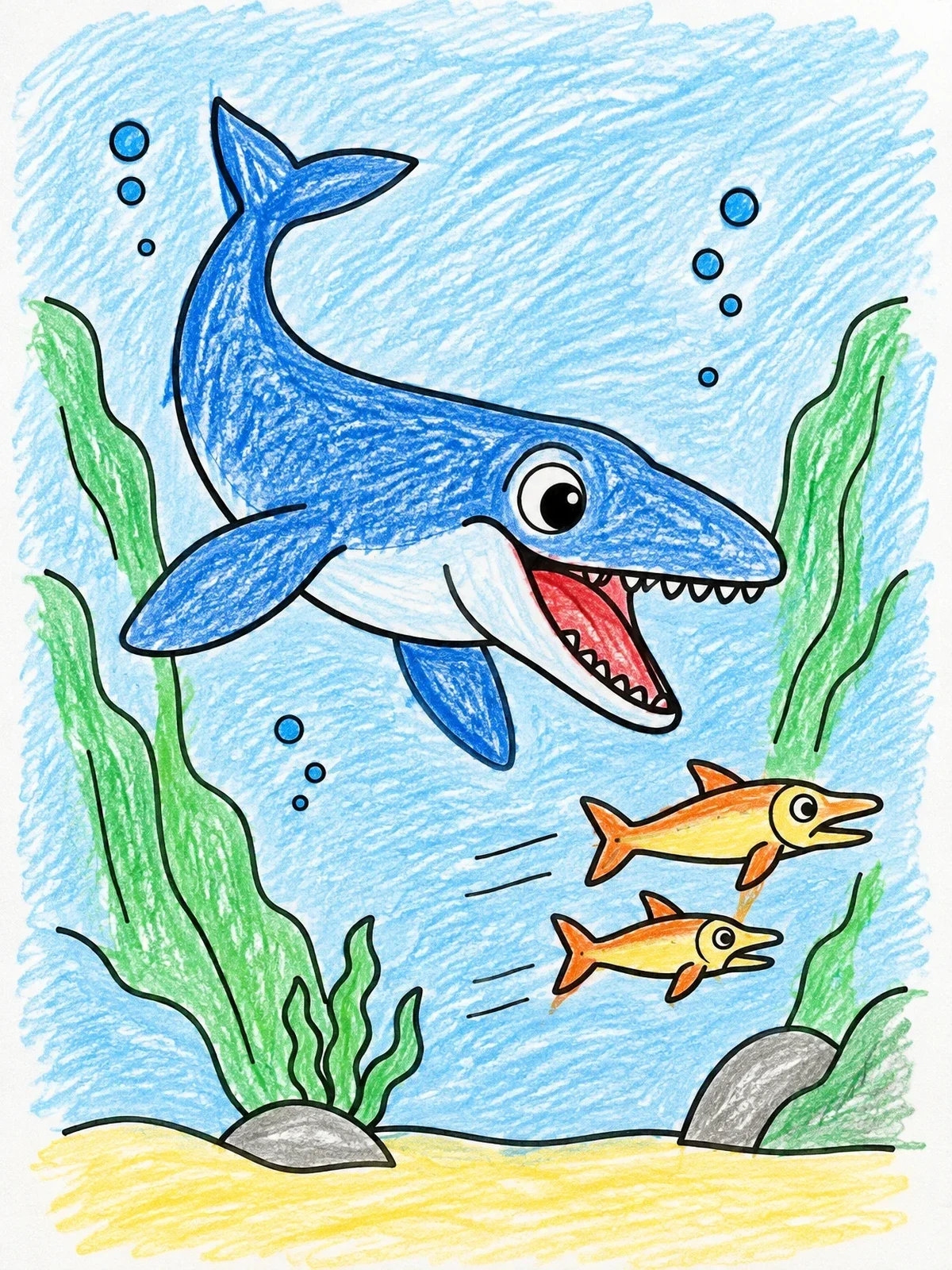 Colored example of the Friendly Mosasaurus Chasing Little Fish coloring page